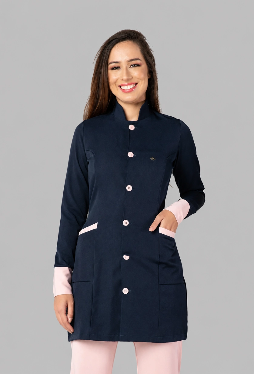 Jaleco Feminino Classic Colors Azul Marinho com Rosa