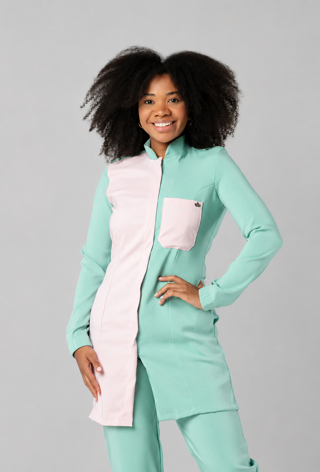 Jaleco Feminino Duo Menta com Rosa